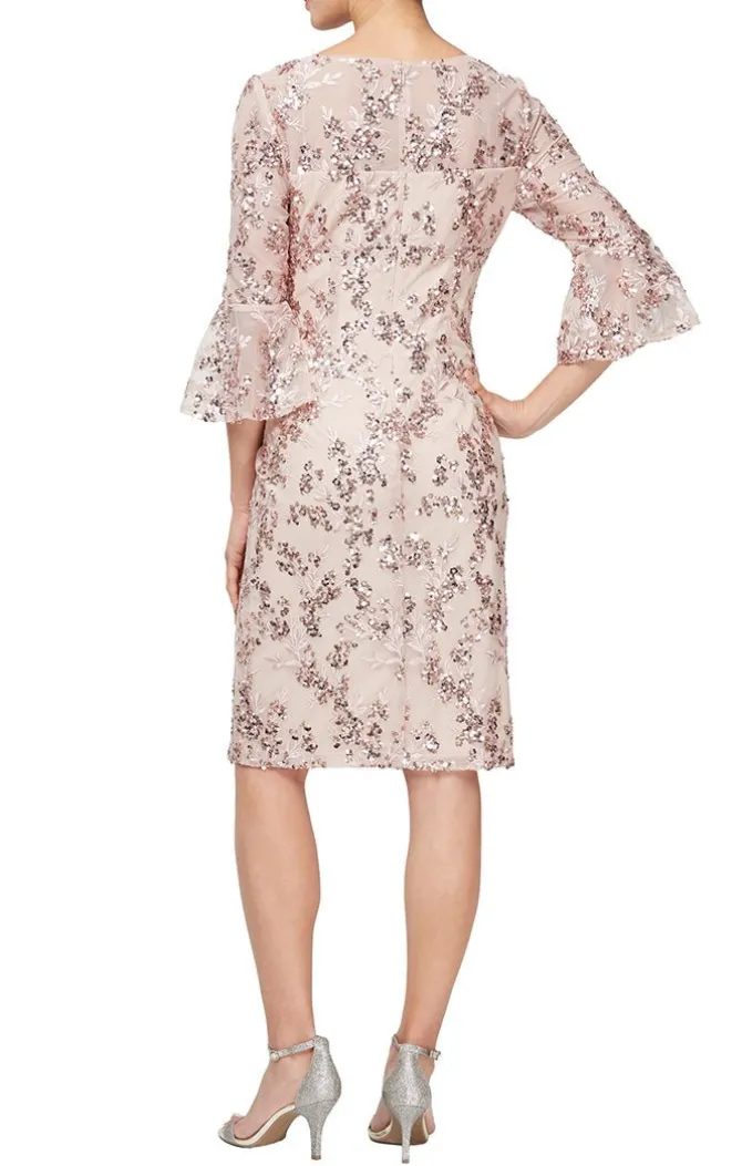 Embroidered Sequin Lace Sheath Dress With Illusion Neckline & 3/4 Bell Sleeves