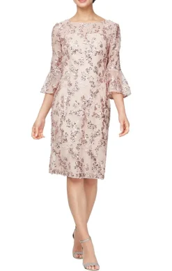 Embroidered Sequin Lace Sheath Dress With Illusion Neckline & 3/4 Bell Sleeves