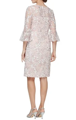 Embroidered Sequin Lace Sheath Dress With Illusion Neckline & Bell Sleeves