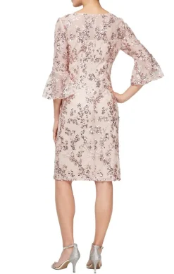 Embroidered Sequin Lace Sheath Dress With Illusion Neckline & 3/4 Bell Sleeves