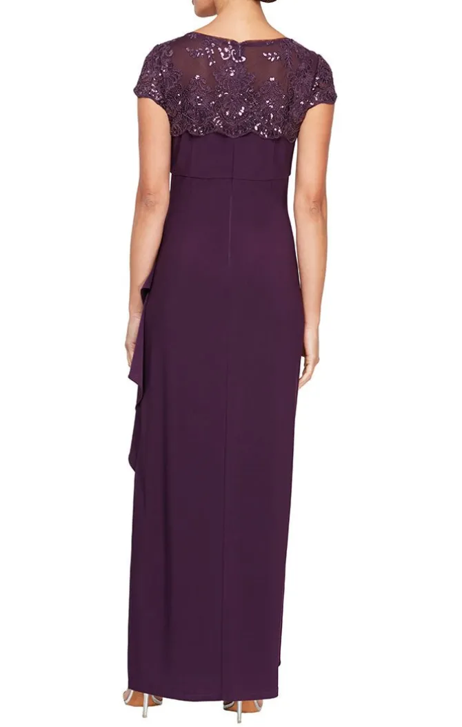 Empire Waist Dress With Cascade Detail Skirt And Embroidered Illusion Neckline