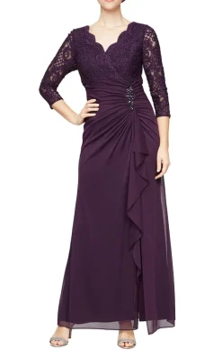 Empire Waist Lace & Mesh Dress With Surplice Neckline