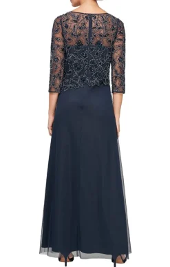 Glass Bead Embroidered Mock Dress With A-Line Mesh Skirt & Illusion Neckline