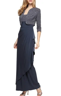Glitter Jacquard Knit & Matte Jersey Gown With Bolero Jacket