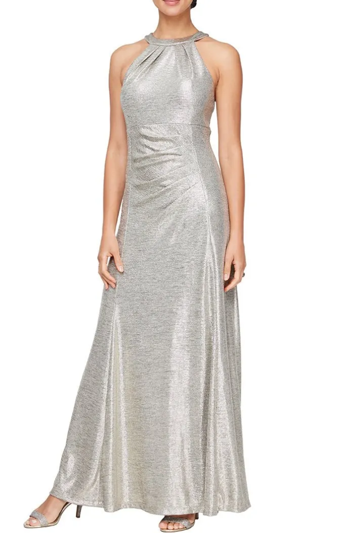 Halter Neck Metallic Knit Dress With Ruched Waist Detail