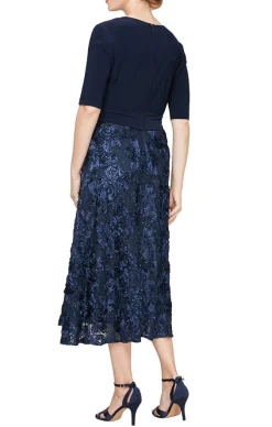 Lace & Jersey Cocktail Dress With Full Rosette Lace Skirt & Tie Belt