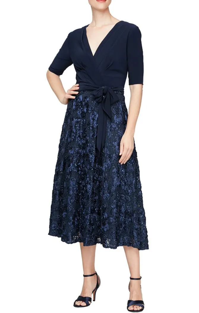 Lace & Jersey Cocktail Dress With Full Rosette Lace Skirt & Tie Belt