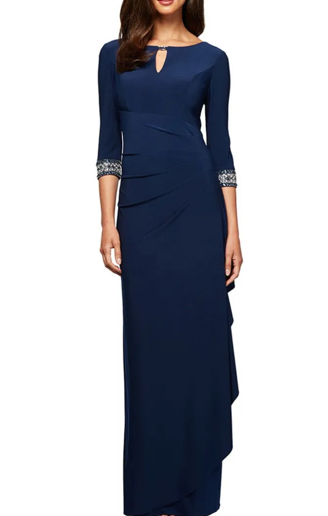 Long A-Line Dress With Side Ruched Cascade Skirt, Keyhole Cutout Neckline And Embllished Sleeves/Neckline