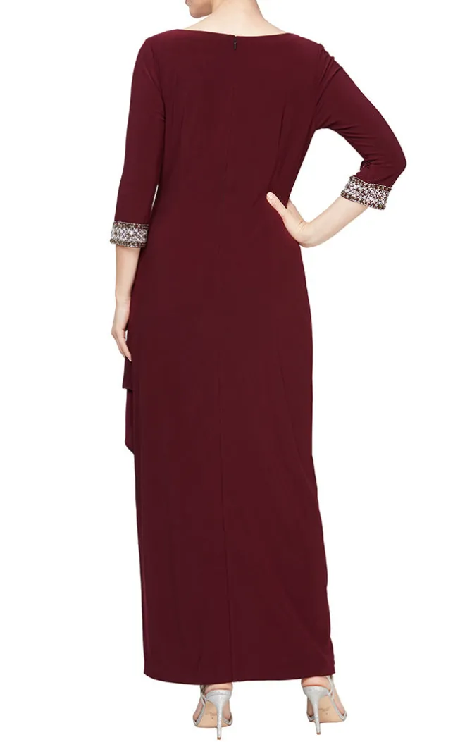 Long A-Line Dress With Side Ruched Cascade Skirt, Keyhole Cutout Neckline And Embllished Sleeves/Neckline