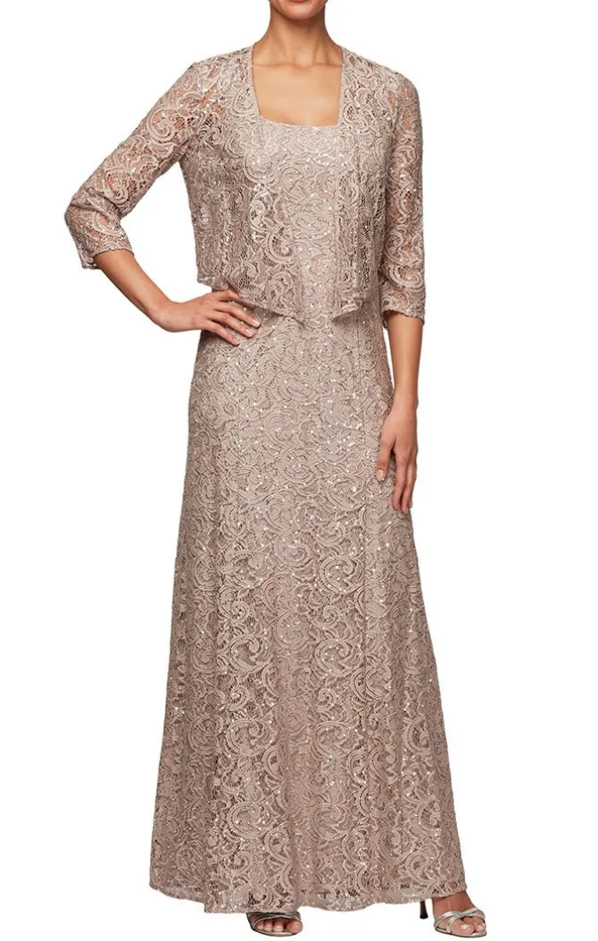 Long A-Line Jacket Dress With Illusion Cascade Jacket And Sequin Detail