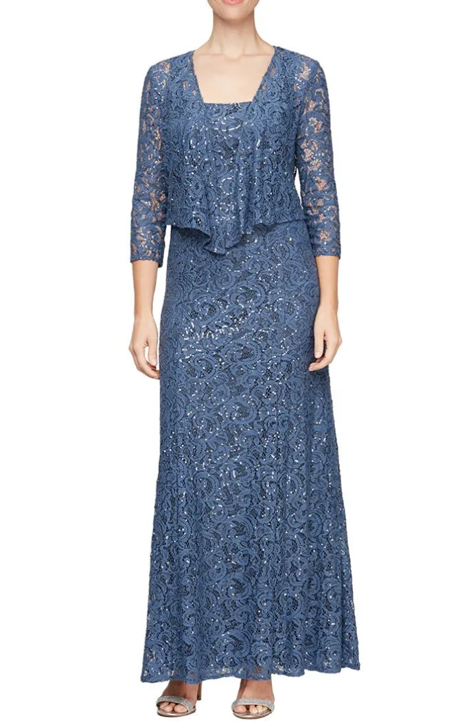 Long A-Line Jacket Dress With Illusion Cascade Jacket And Sequin Detail