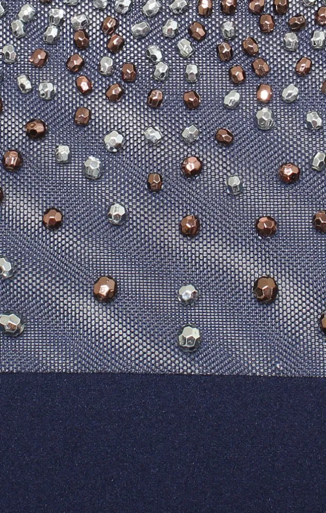 Long Column Stretch Crepe Gown With Heat Set Illusion Neckline & Bell Sleeves