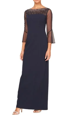 Long Column Stretch Crepe Gown With Heat Set Illusion Neckline & Bell Sleeves