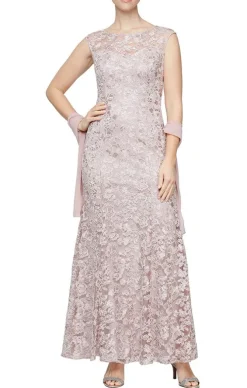 Long Embroidered Fit & Flare Dress With Illusion Neckline And Shawl