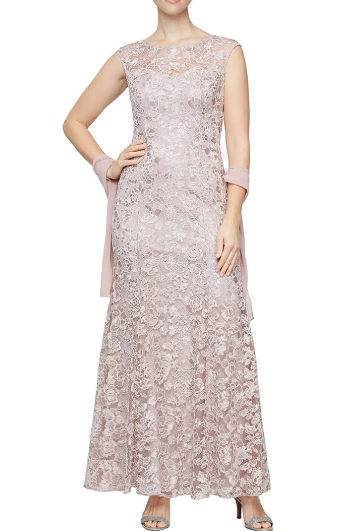 Long Embroidered Fit & Flare Dress With Illusion Neckline And Shawl