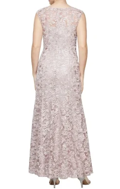 Long Embroidered Fit & Flare Dress With Illusion Neckline And Shawl