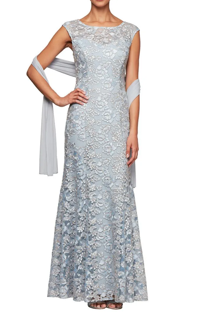 Long Embroidered Fit & Flare Dress With Illusion Neckline And Shawl