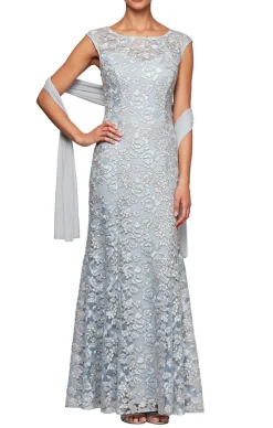 Long Embroidered Fit And Flare Dress With Illusion Neckline And Shawl