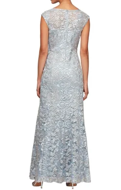 Long Embroidered Fit And Flare Dress With Illusion Neckline And Shawl