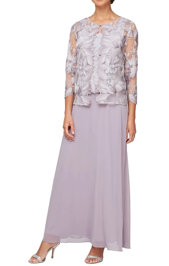 Long Embroidered Jacket Dress With Scallop Edge Detail & A-Line Skirt