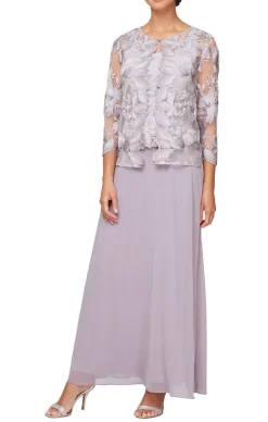 Long Embroidered Jacket Dress With Scallop Edge Detail & A-Line Skirt