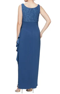 Long Empire Waist Bolero Jacket Dress With Open Jacket, Scoop Neck Bodice And Cascade Detail Skirt