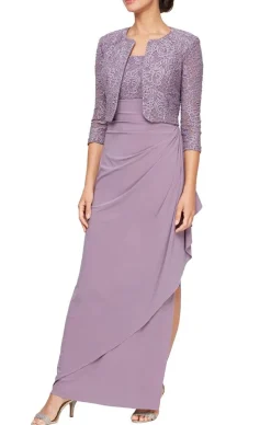 Long Empire Waist Bolero Jacket Dress With Open Jacket, Scoop Neck Bodice And Cascade Detail Skirt