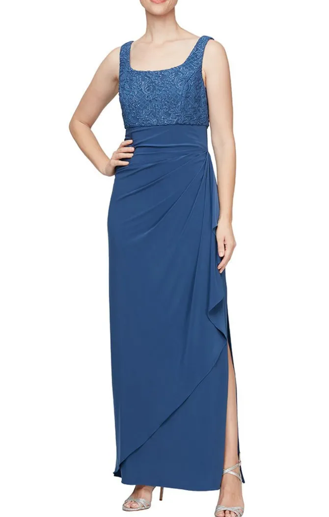 Long Empire Waist Bolero Jacket Dress With Open Jacket, Scoop Neck Bodice And Cascade Detail Skirt