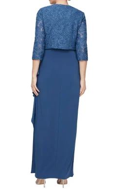 Long Empire Waist Bolero Jacket Dress With Open Jacket, Scoop Neck Bodice And Cascade Detail Skirt