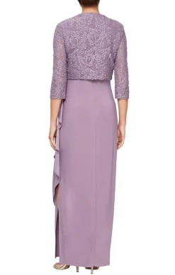 Long Empire Waist Bolero Jacket Dress With Open Jacket, Scoop Neck Bodice And Cascade Detail Skirt