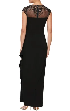 Long Empire Waist Dress With Embellished And Embroidered Illusion Neckline/Back Detail And Cascade Detail Skirt