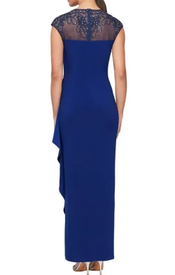 Long Empire Waist Dress With Embellished And Embroidered Illusion Neckline/Back Detail And Cascade Detail Skirt