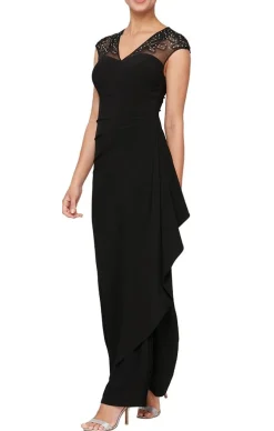 Long Empire Waist Dress With Embellished And Embroidered Illusion Neckline/Back Detail And Cascade Detail Skirt