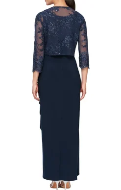 Long Empire Waist Embroidered Jacket Dress With Hook Neck Closure Jacket And Cascade Detail Skirt