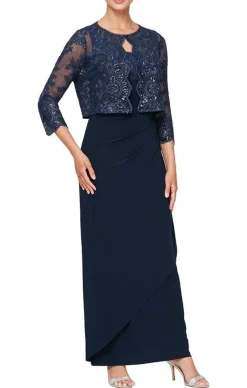 Long Empire Waist Embroidered Jacket Dress With Hook Neck Closure Jacket And Cascade Detail Skirt