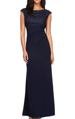 Long Empire Waist Lace And Jersey Gown With Side Ruched Skirt And Cowl Back Detail