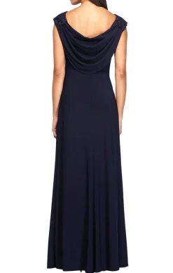 Long Empire Waist Lace And Jersey Gown With Side Ruched Skirt And Cowl Back Detail
