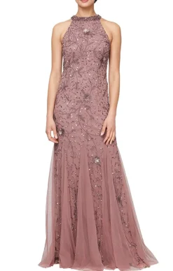 Long Halter Neck Hand Beaded Fit & Flare Gown With Godet Detail