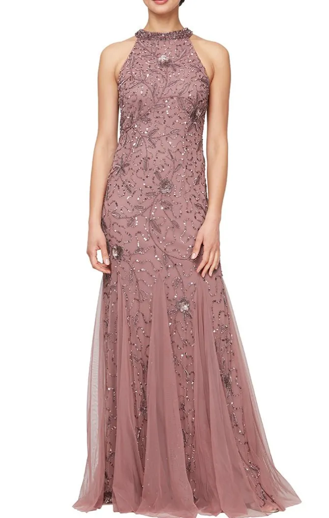 Long Halter Neck Hand Beaded Fit & Flare Gown With Godet Detail