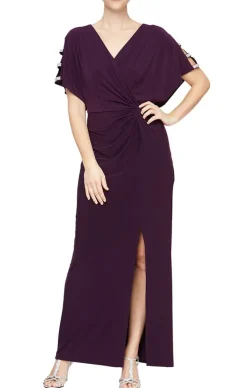 Long Knot Front Jersey Dress With Front Slit & Embellished Sleeve Cutouts