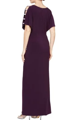 Long Knot Front Jersey Dress With Front Slit & Embellished Sleeve Cutouts