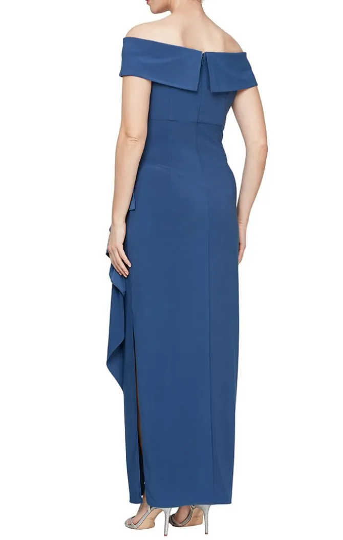 Long Off-The-Shoulder Matte Jersey Dress With Foldover Cuff, Embellishment Detail At Hip And Cascade Ruffle Skirt