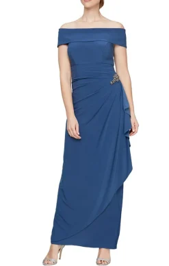 Long Off-The-Shoulder Matte Jersey Dress With Foldover Cuff, Embellishment Detail At Hip And Cascade Ruffle Skirt