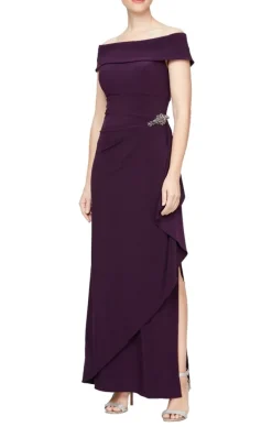 Long Off-The-Shoulder Matte Jersey Dress With Foldover Cuff, Embellishment Detail At Hip And Cascade Ruffle Skirt