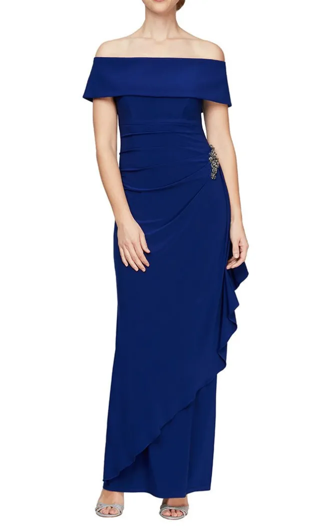 Long Off-The-Shoulder Matte Jersey Dress With Foldover Cuff, Embellishment Detail At Hip And Cascade Ruffle Skirt