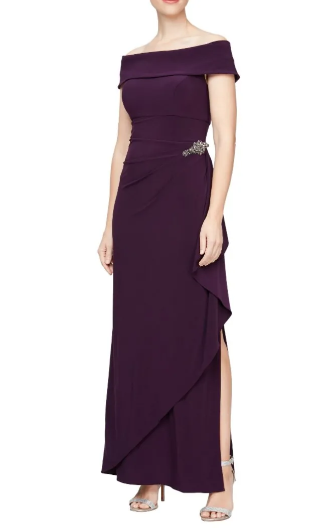 Long Off-The-Shoulder Matte Jersey Dress With Foldover Cuff, Embellishment Detail At Hip And Cascade Ruffle Skirt