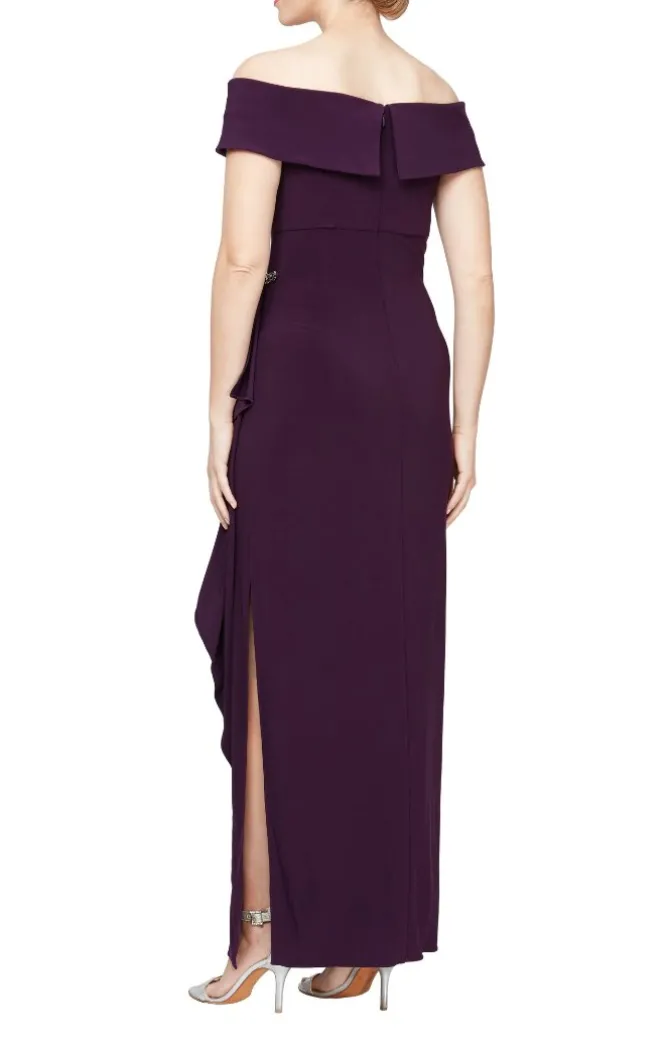 Long Off-The-Shoulder Matte Jersey Dress With Foldover Cuff, Embellishment Detail At Hip And Cascade Ruffle Skirt