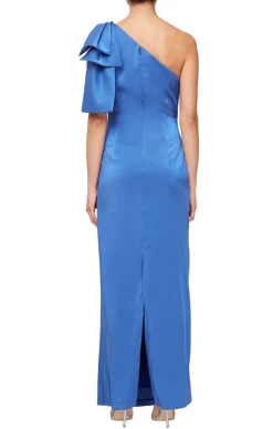Long One Shoulder Shimmer Satin Dress With Bow Shoulder Detail