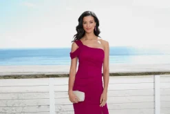 Long One Shoulder Stretch Mesh Dress With Cold Shoulder Sleeve