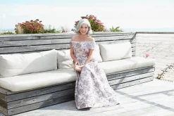 Long Printed Off-The-Shoulder Metallic Brocade Ballgown With Pockets